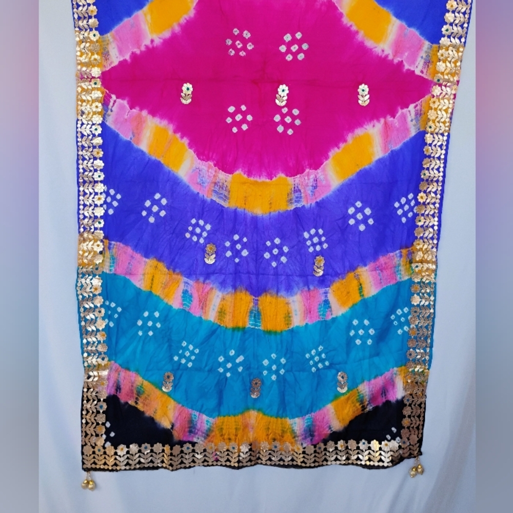 Vibrant Multicolor Tie-Dye Dupstta with Gold Gota Border And Lathkans